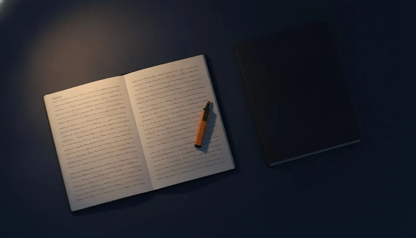 A notebook of handwritten notes open beside a closed document