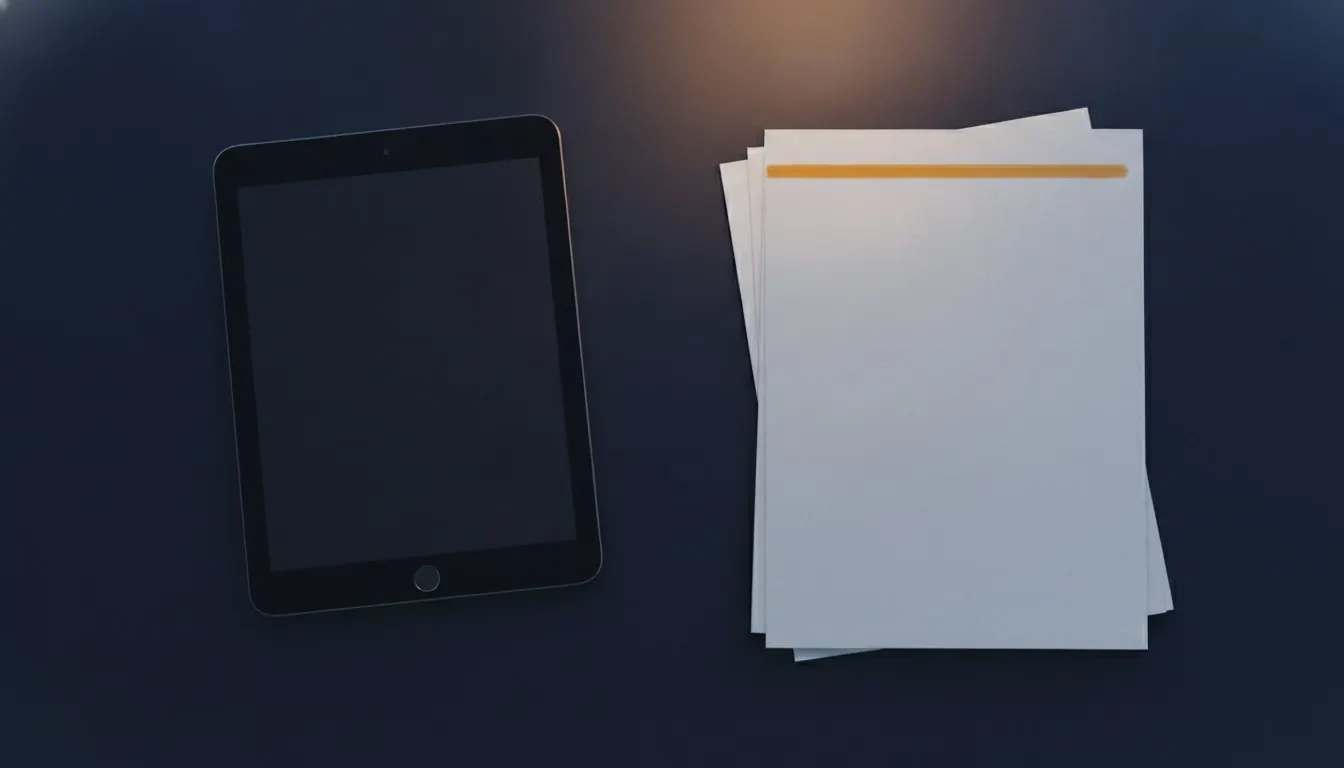 A tablet and a stack of papers on a desk with no other equipment