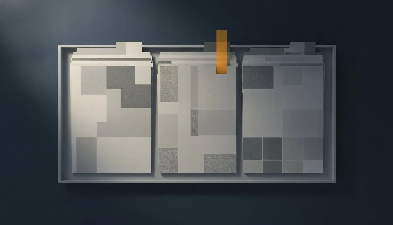 Labelled folders of printed papers arranged in order on a desk