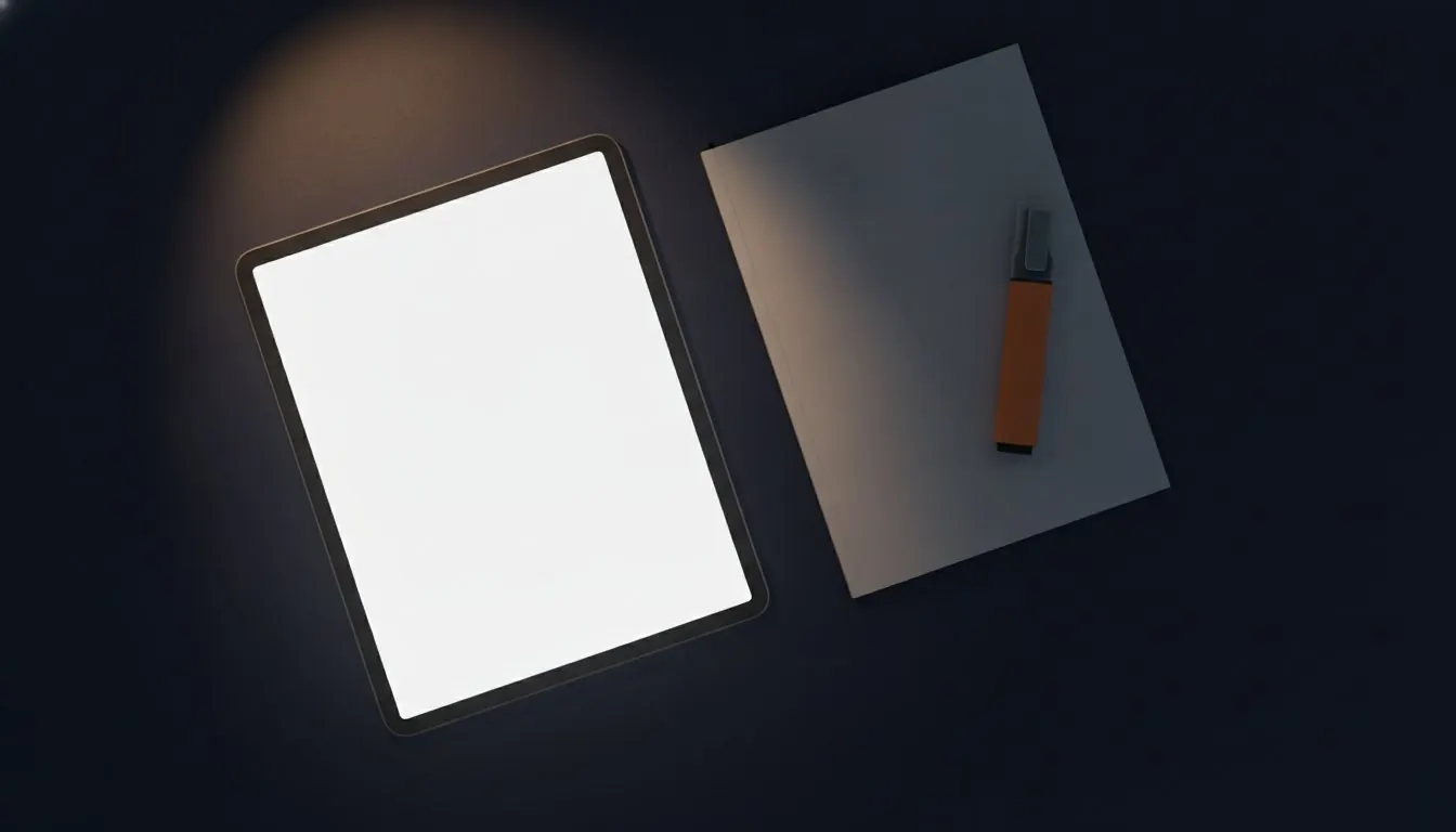 A tablet showing a document with narrow margins beside a paper notebook