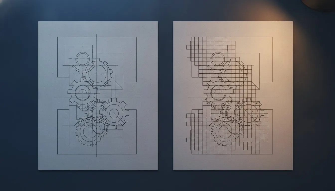 A sharp line drawing beside the same drawing enlarged into visible pixels