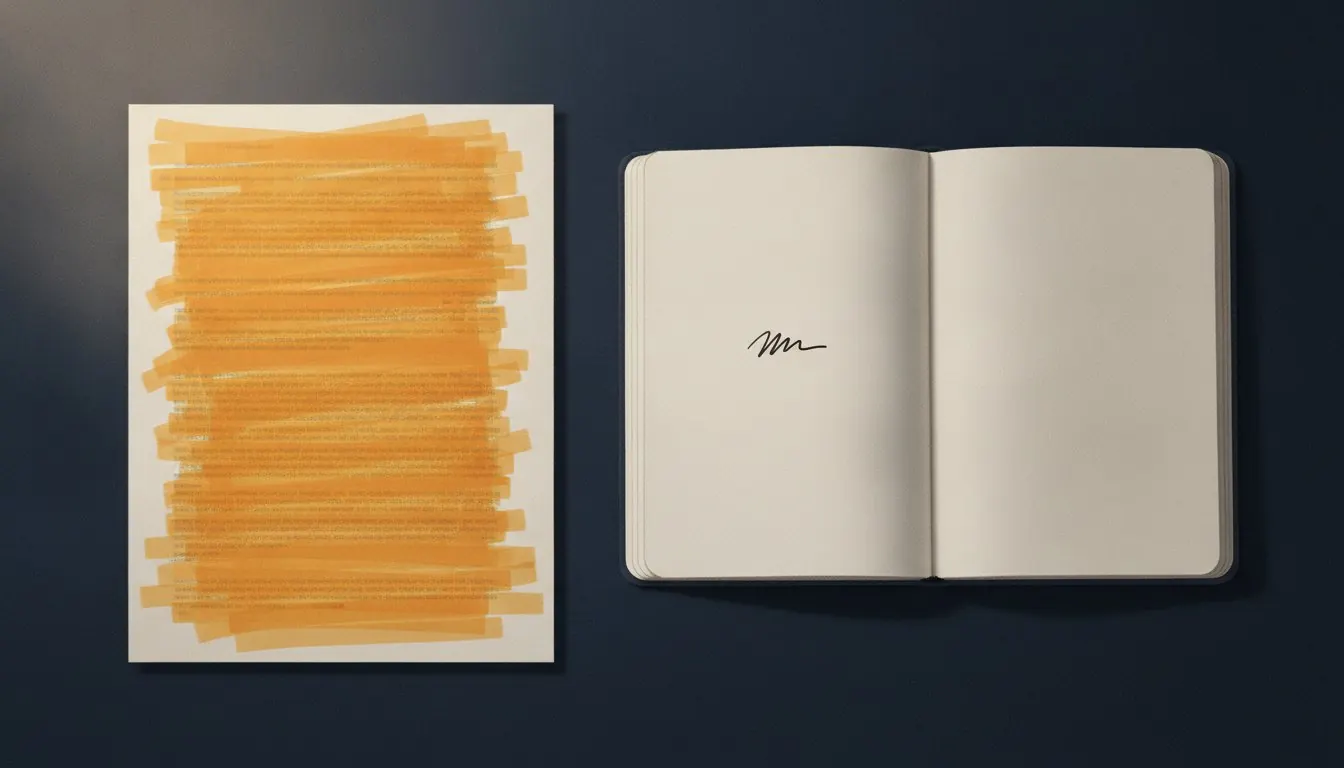 A page covered in highlighter marks beside a notebook with a single written line